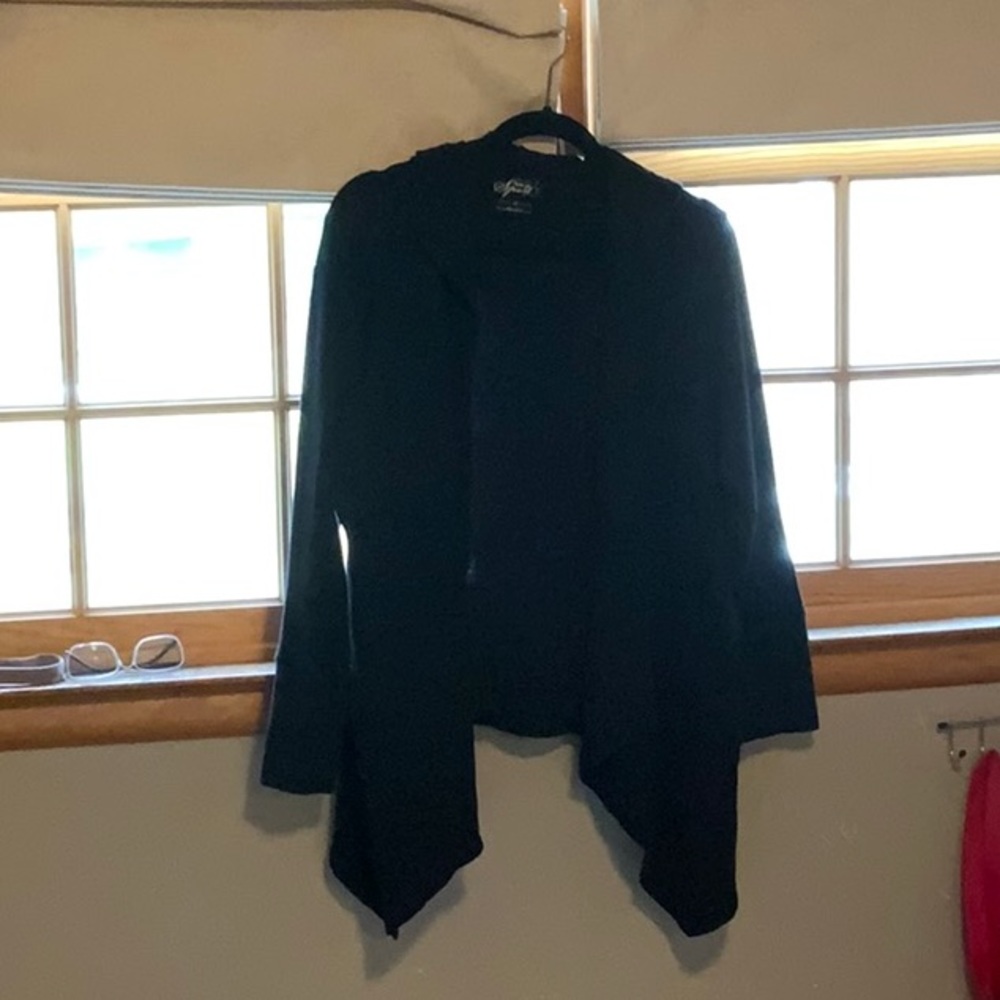 Hooded drape front thermal cardigan.